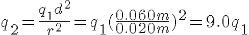 $q_2=\frac{q_1d^2}{r^2}=q_1(\frac{0.060m}{0.020m})^2=9.0q_1$